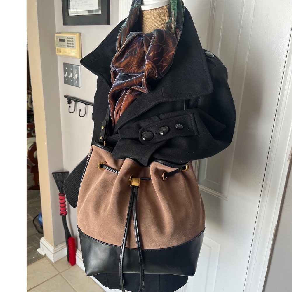 Zara Brown and Black Suede & Leather Drawstring Crossbody Bag